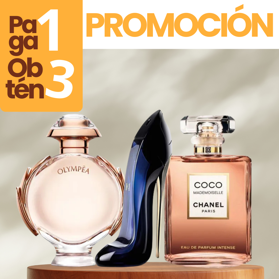 (PAGA 1 OBTÉN 3) COCO CHANEL + OLYMPEA + GOOD GIRL (CADA PERFUME CONTIENE 100ml)